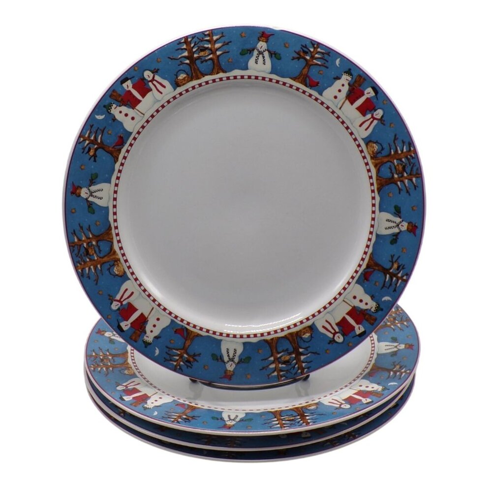 Sakura Debbie Mumm (4) SNOWMAN Blue & White Holiday Dinner Plates 10.75" READ